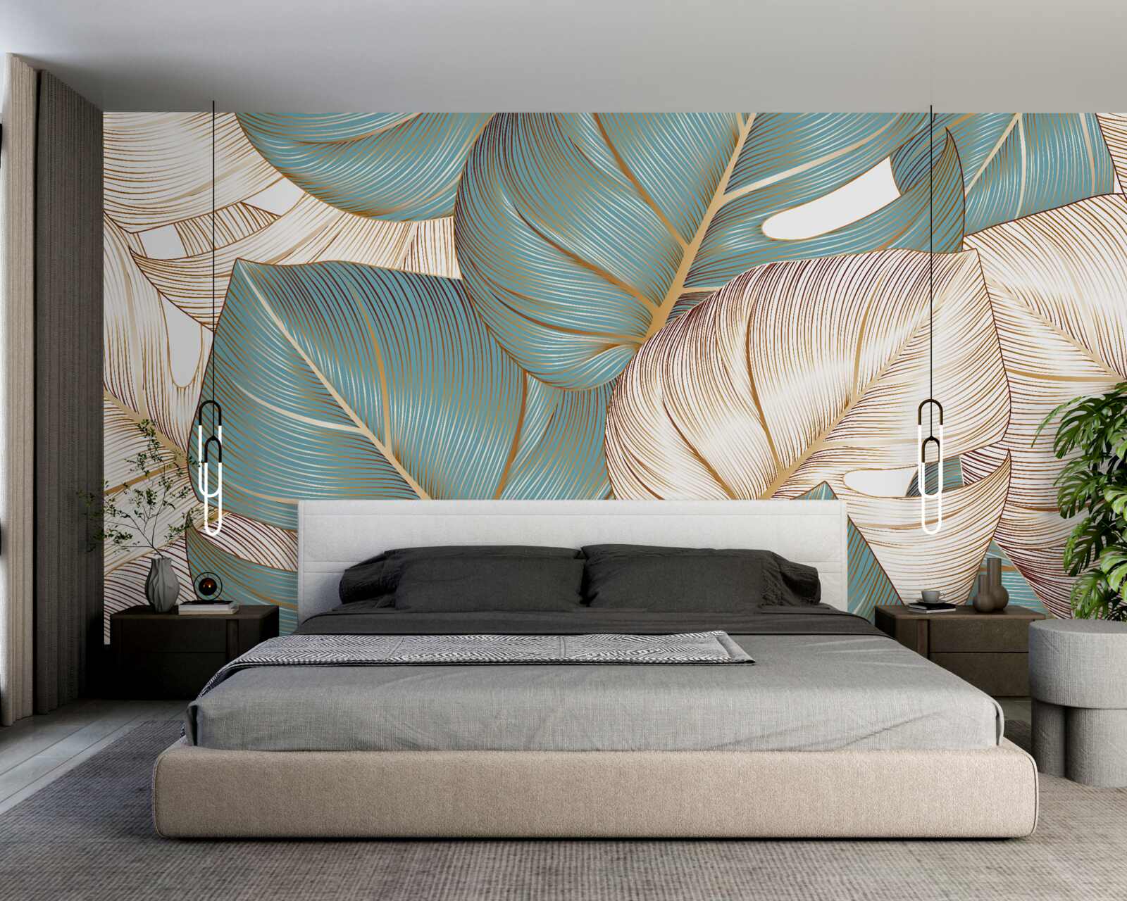 Fotobehang grote bladeren in groen en goud