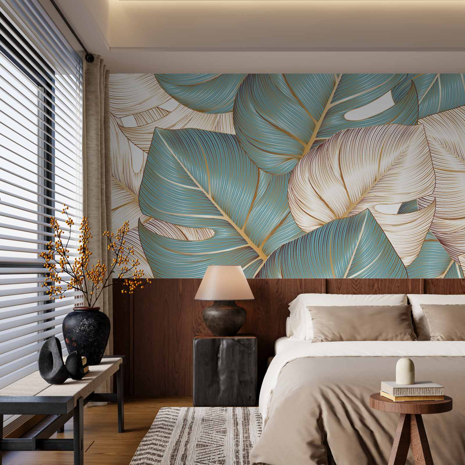 Fotobehang grote bladeren in groen en goud