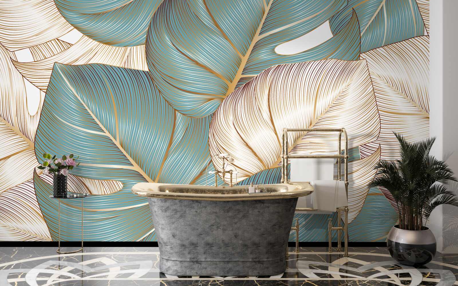 Fotobehang grote bladeren in groen en goud