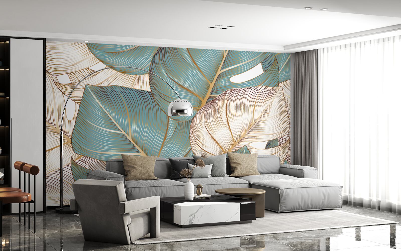 Fotobehang grote bladeren in groen en goud