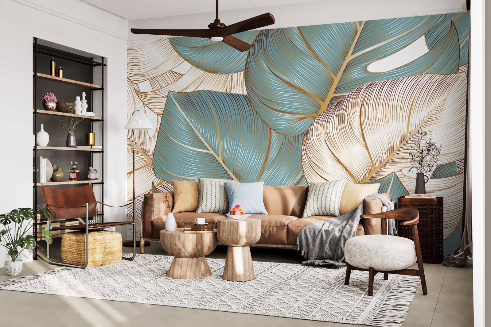 Fotobehang grote bladeren in groen en goud