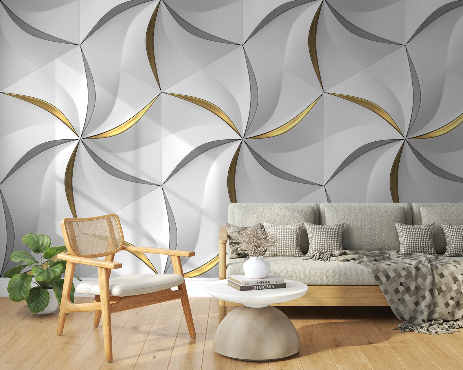 Fotobehang wervelingen van grijs en goud op een witte achtergrond