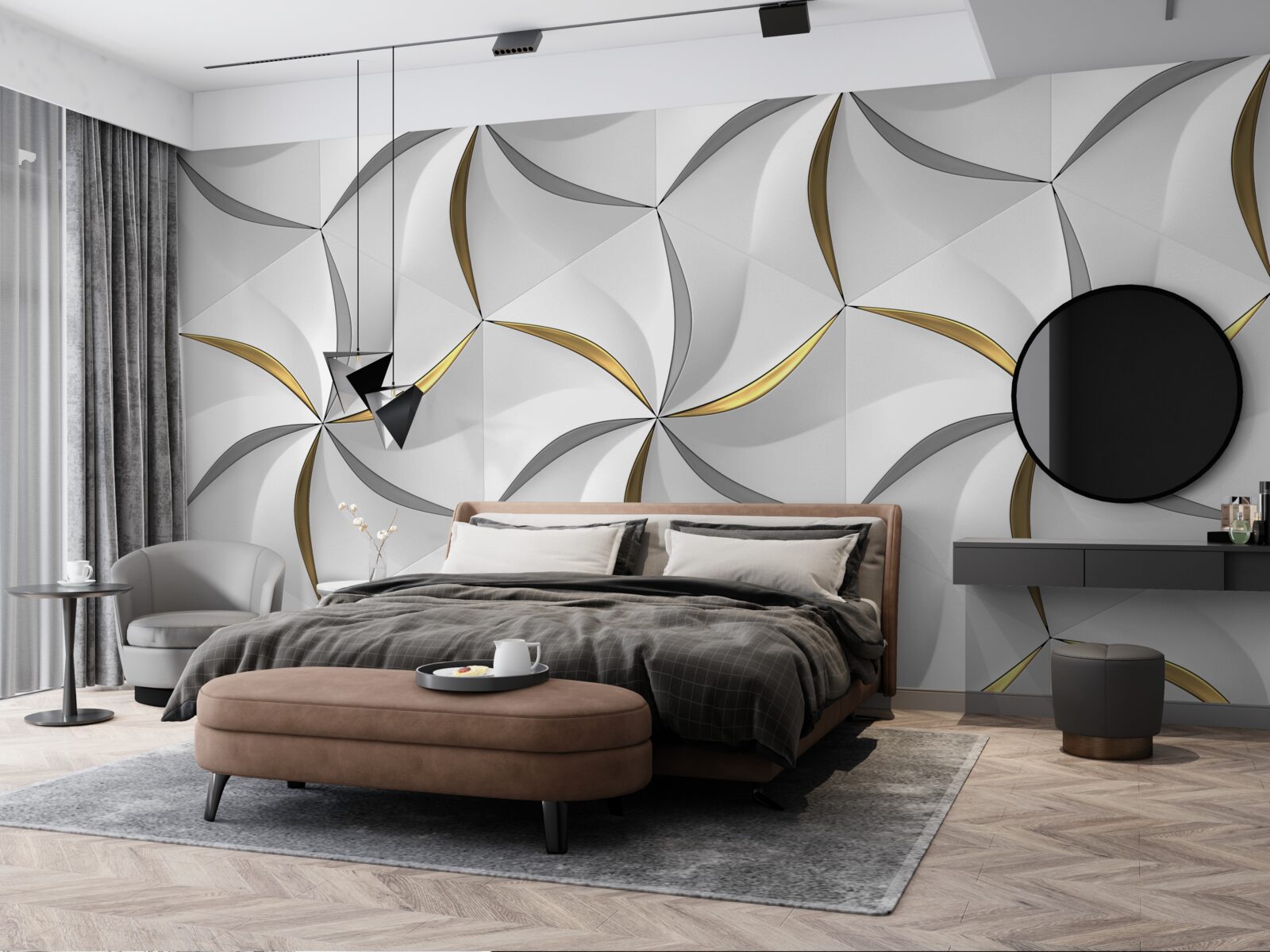 Fotobehang wervelingen van grijs en goud op een witte achtergrond