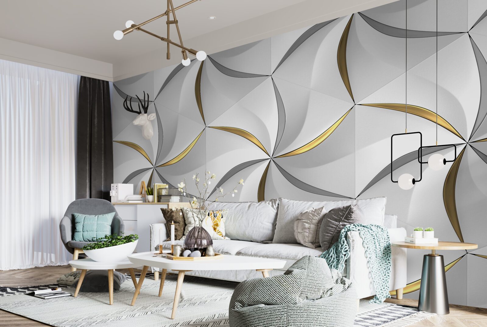 Fotobehang wervelingen van grijs en goud op een witte achtergrond