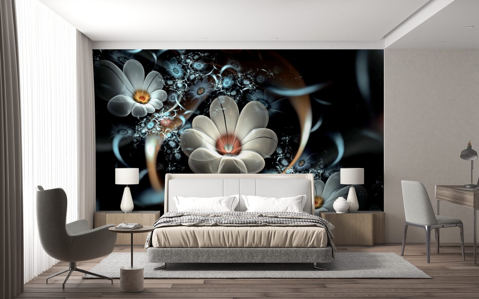 Fotobehang de grote bloemen zijn wit