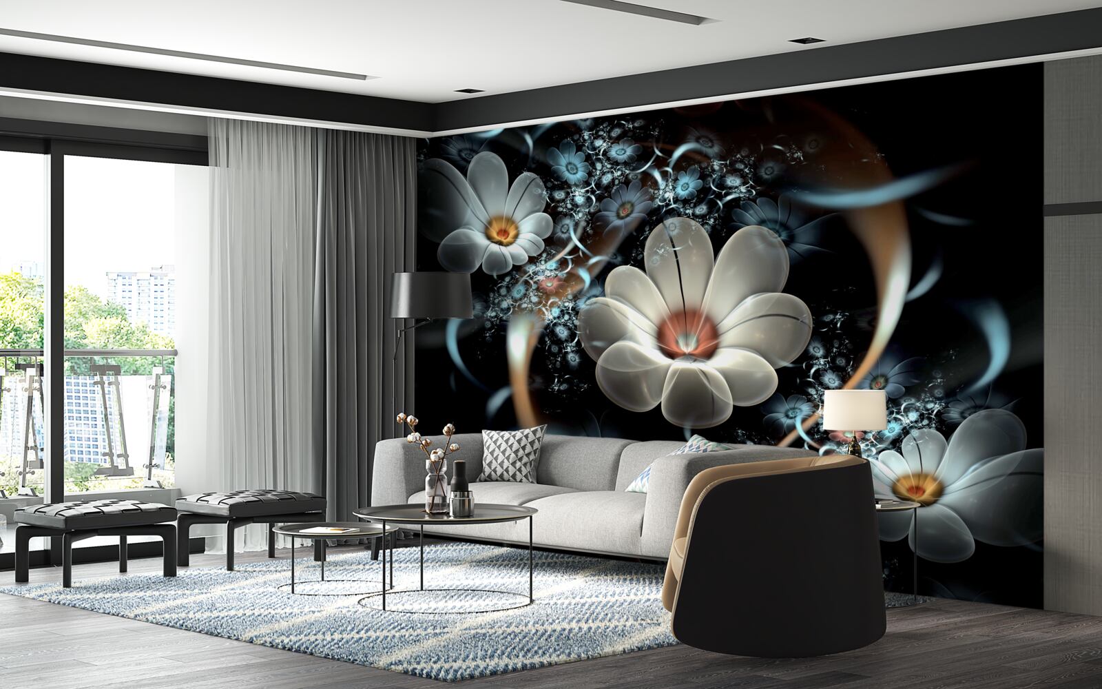 Fotobehang de grote bloemen zijn wit