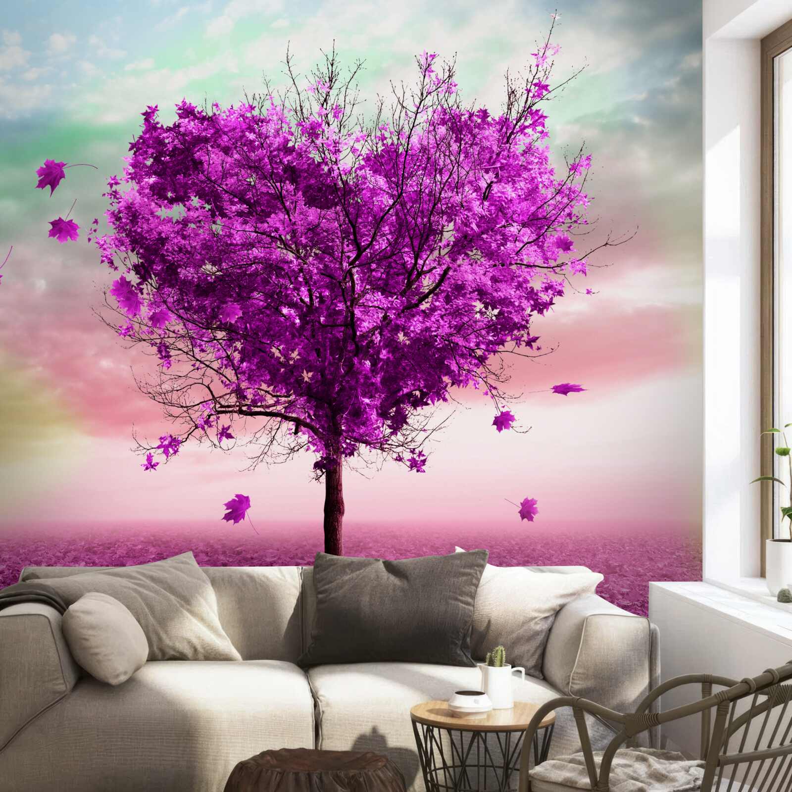 Fotobehang boom met paarse vallende bladeren