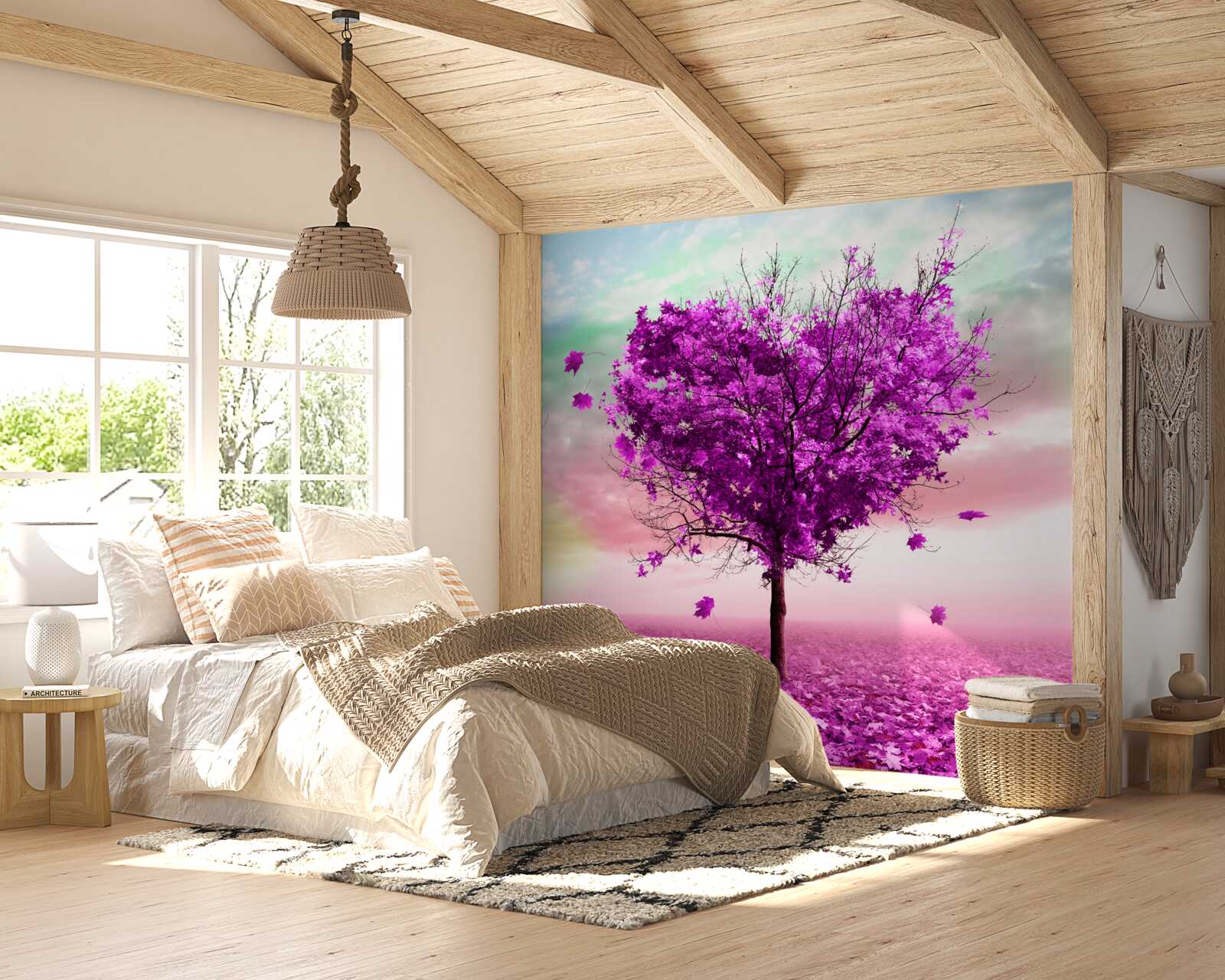 Fotobehang boom met paarse vallende bladeren