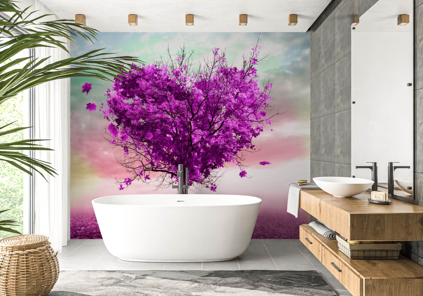 Fotobehang boom met paarse vallende bladeren