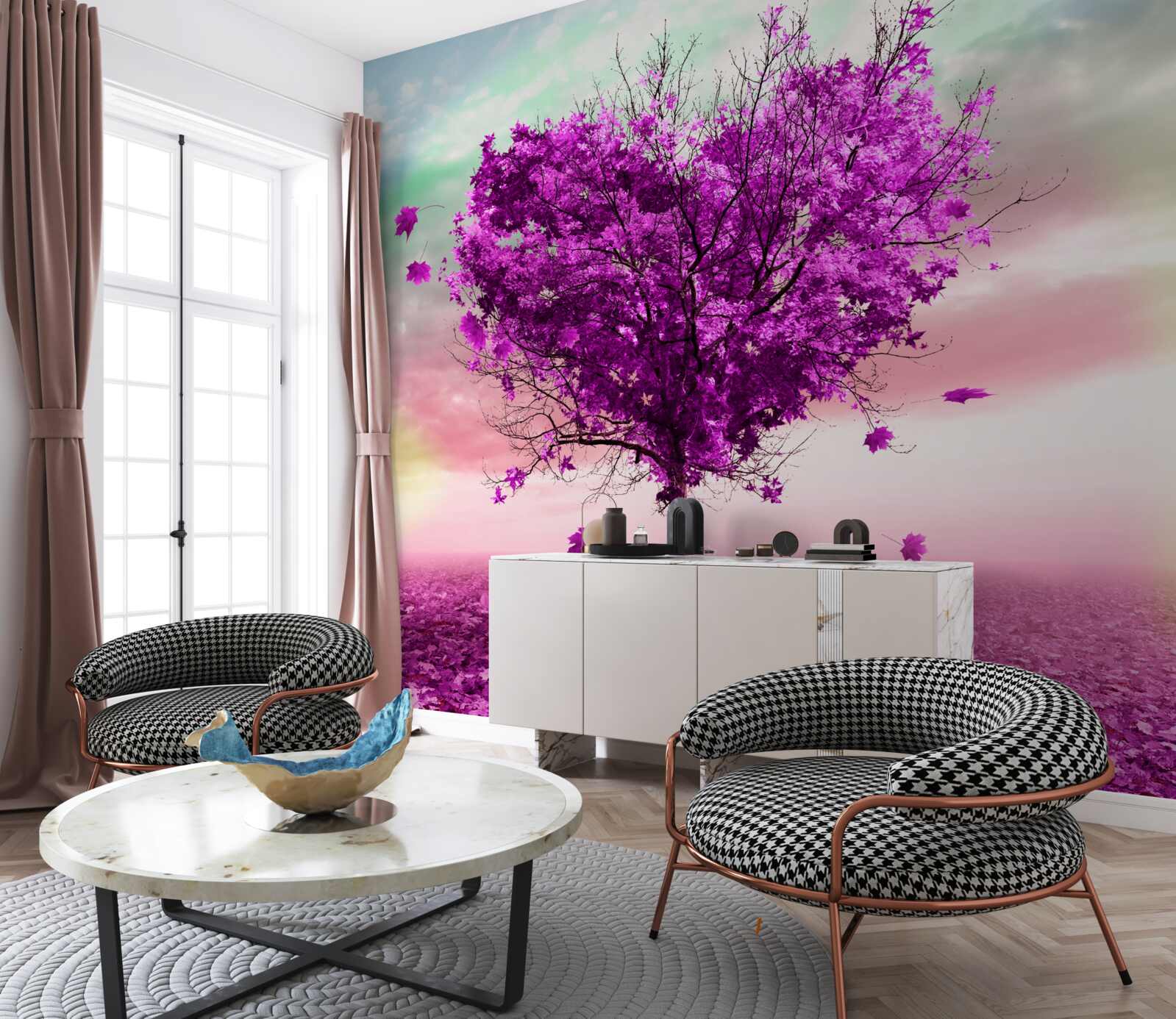 Fotobehang boom met paarse vallende bladeren