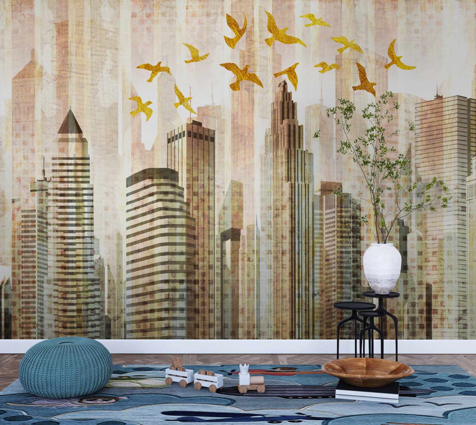 Fotobehang wolkenkrabbers waar vogels overheen vliegen