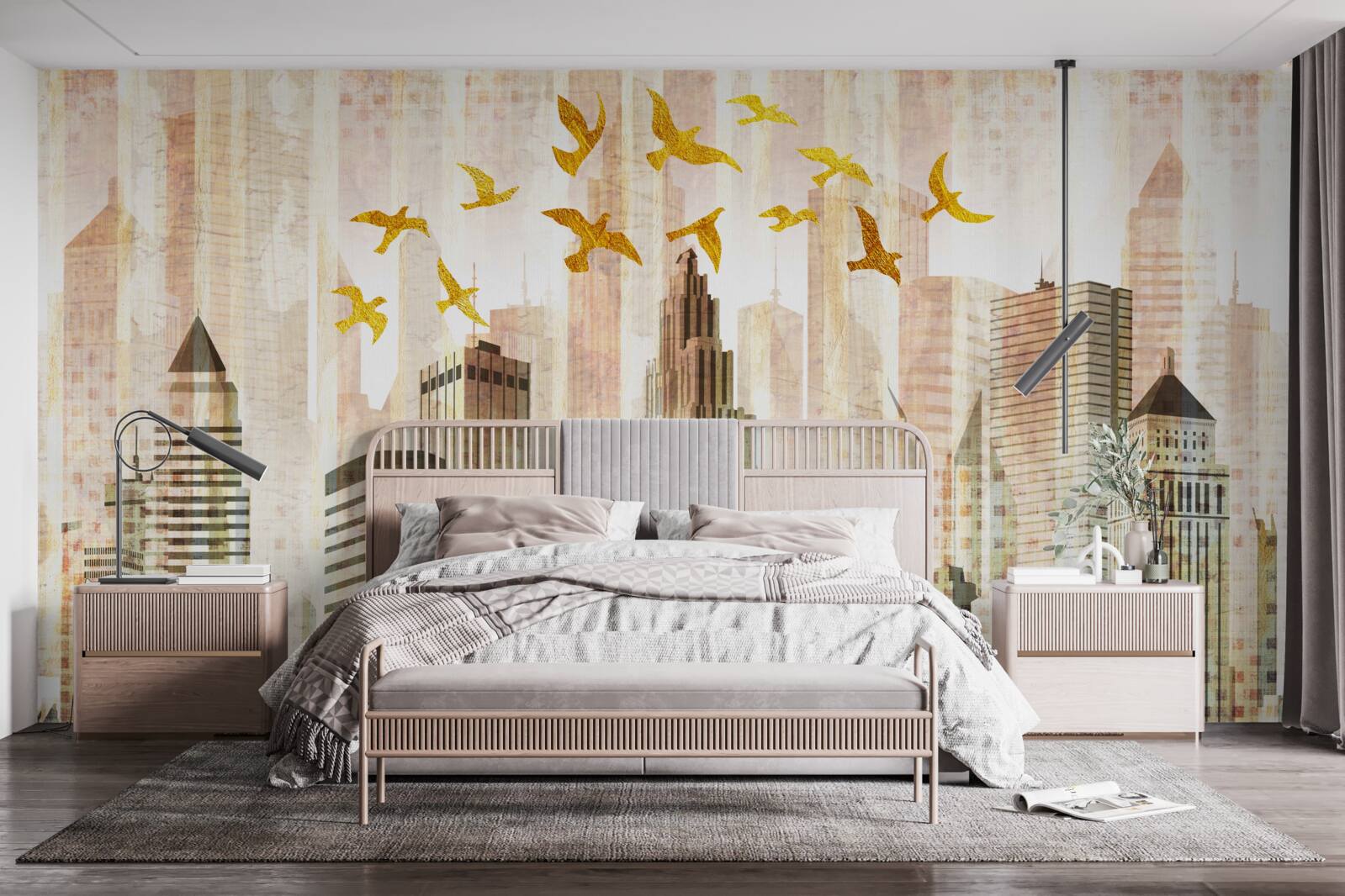 Fotobehang wolkenkrabbers waar vogels overheen vliegen