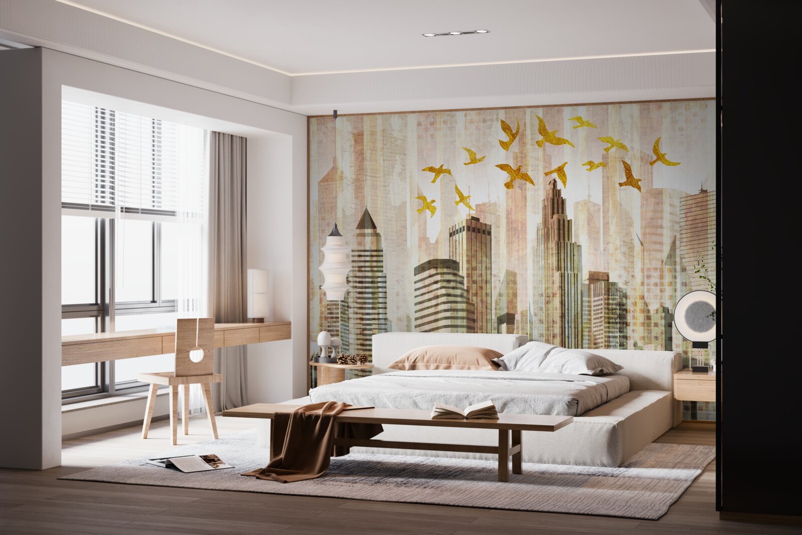 Fotobehang wolkenkrabbers waar vogels overheen vliegen