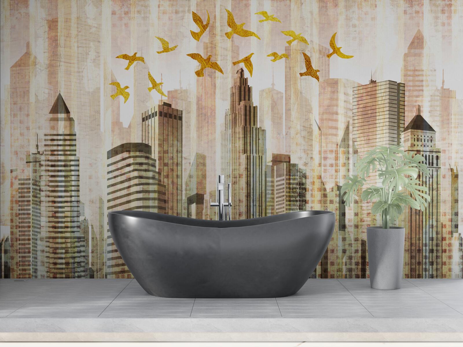Fotobehang wolkenkrabbers waar vogels overheen vliegen