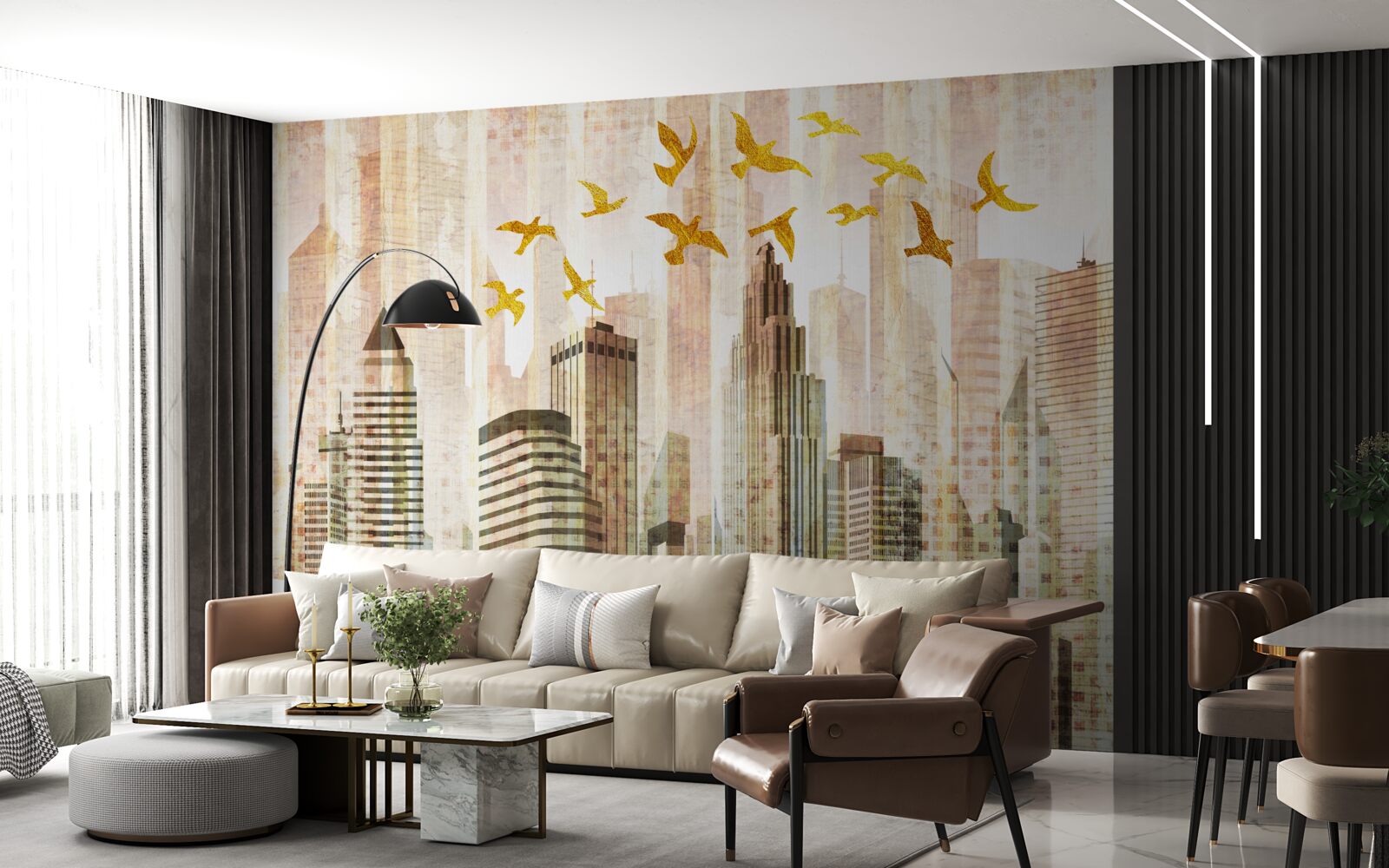 Fotobehang wolkenkrabbers waar vogels overheen vliegen