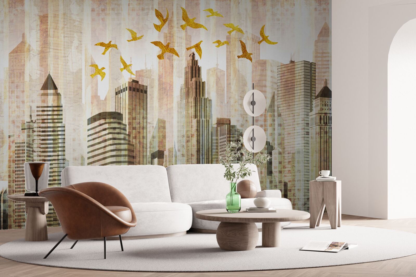 Fotobehang wolkenkrabbers waar vogels overheen vliegen