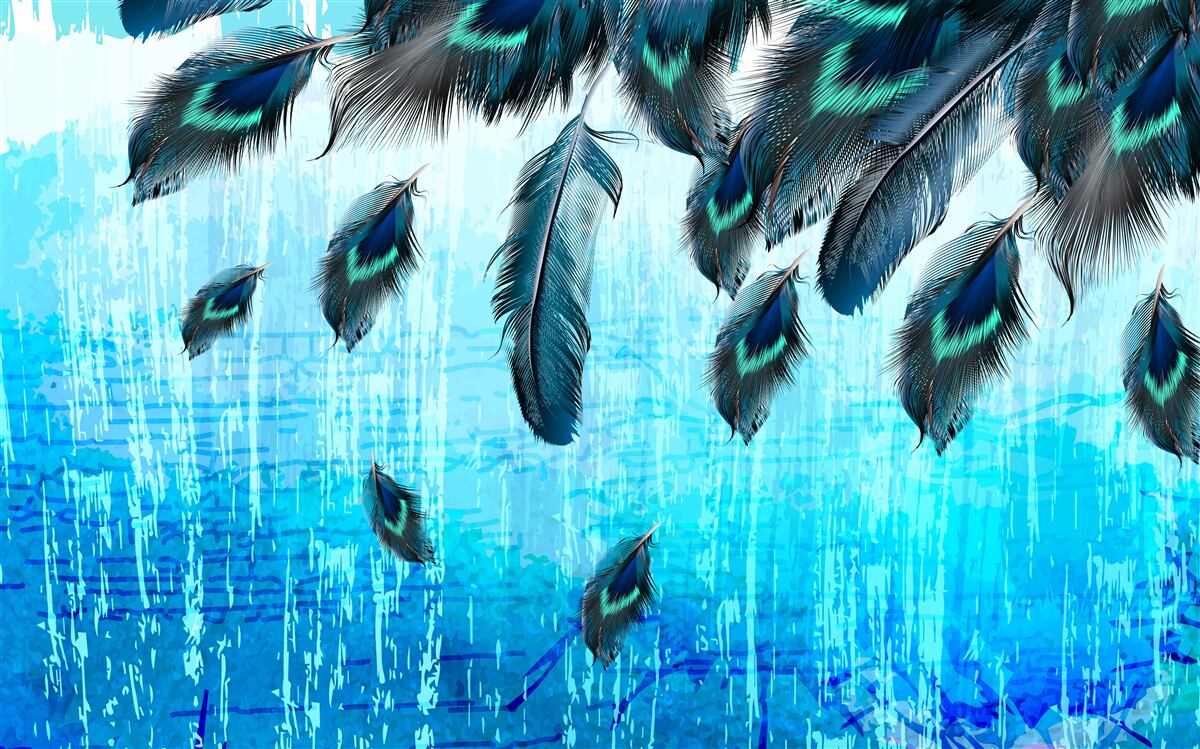 Fotobehang pauwenveren op een blauwe achtergrond