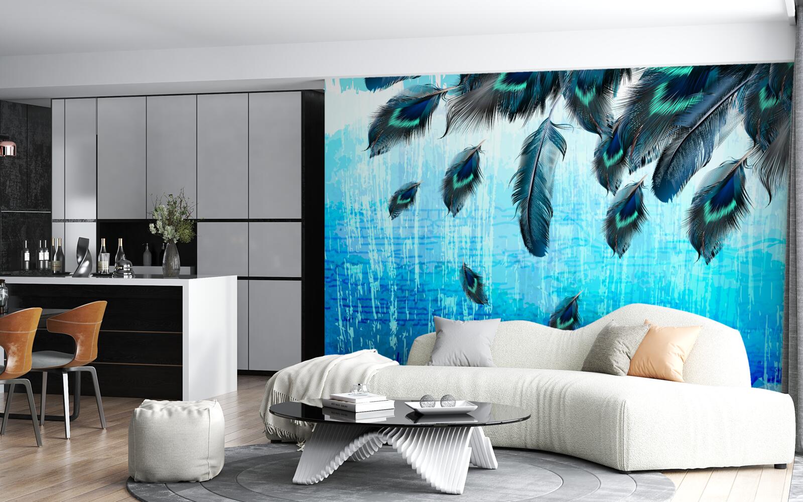 Fotobehang pauwenveren op een blauwe achtergrond