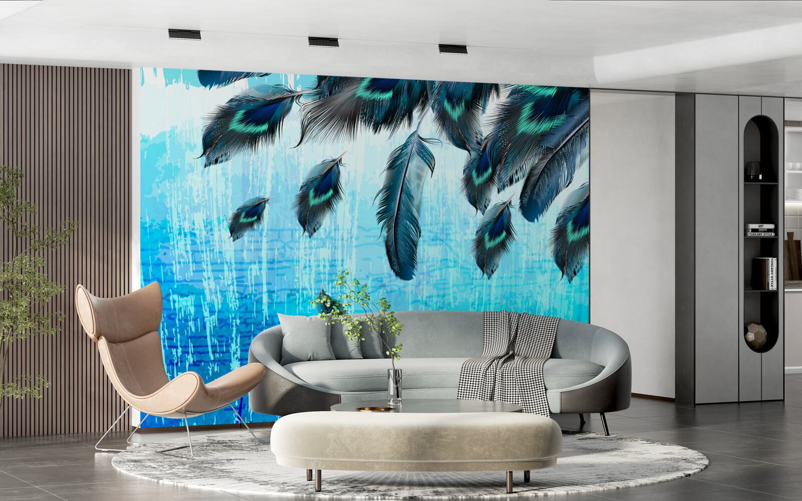 Fotobehang pauwenveren op een blauwe achtergrond