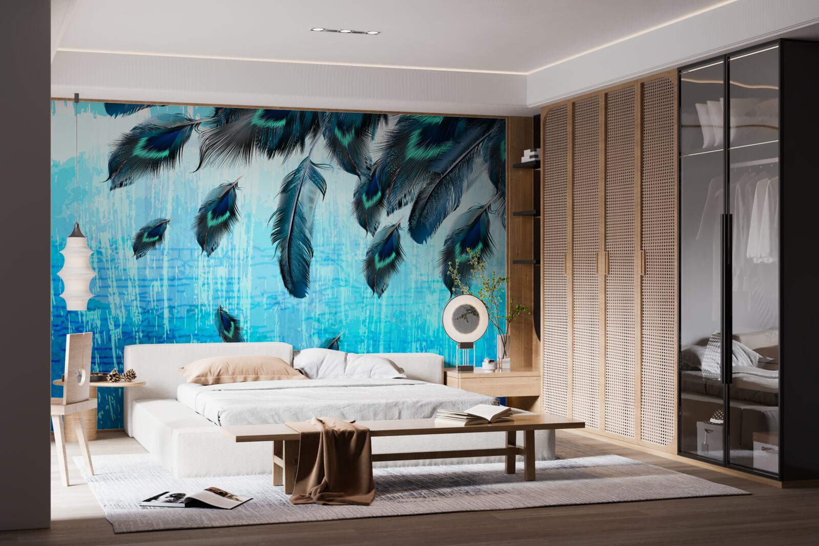 Fotobehang pauwenveren op een blauwe achtergrond