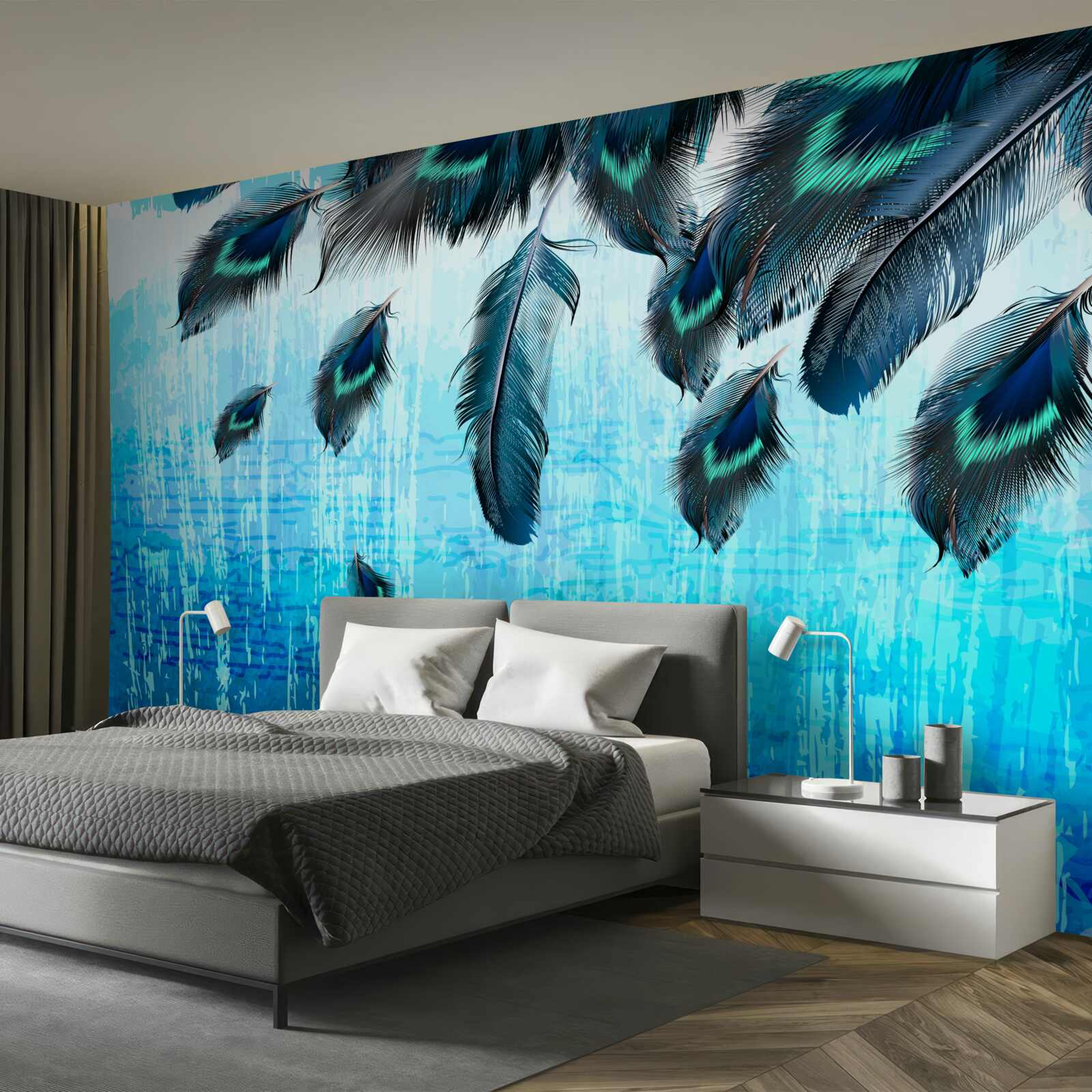 Fotobehang pauwenveren op een blauwe achtergrond