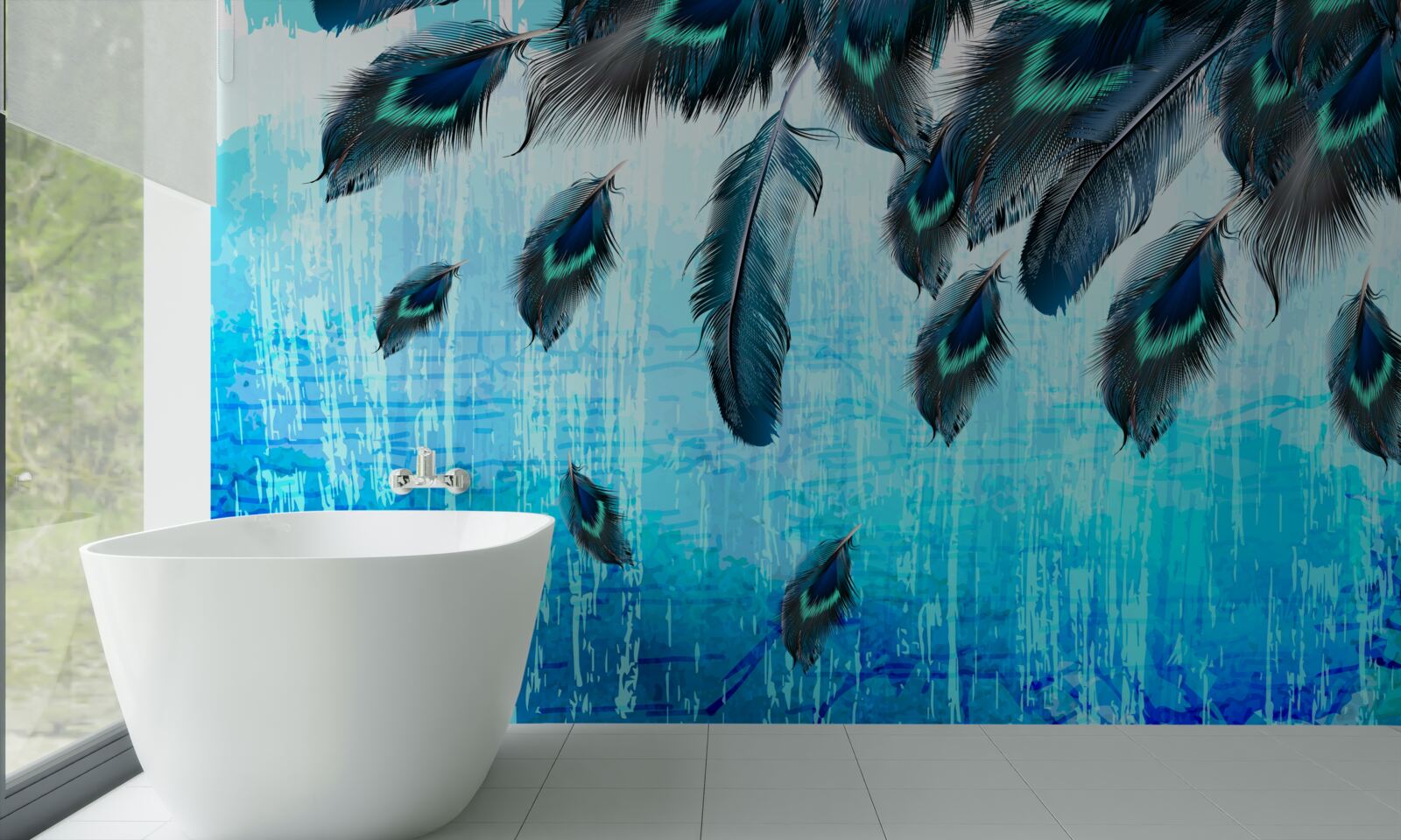 Fotobehang pauwenveren op een blauwe achtergrond