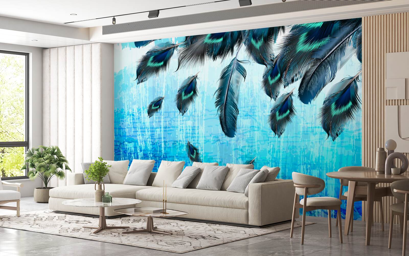 Fotobehang pauwenveren op een blauwe achtergrond