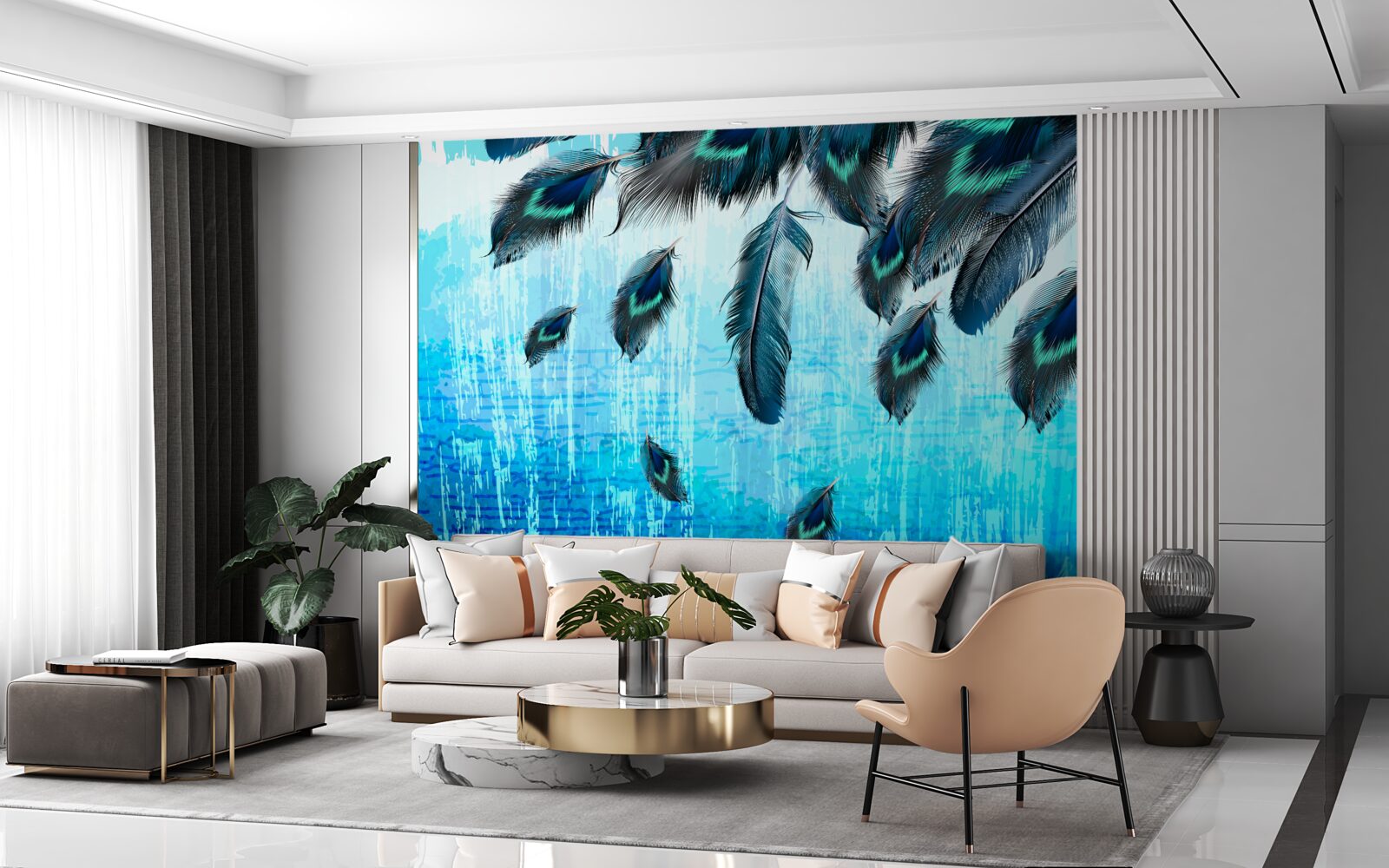 Fotobehang pauwenveren op een blauwe achtergrond