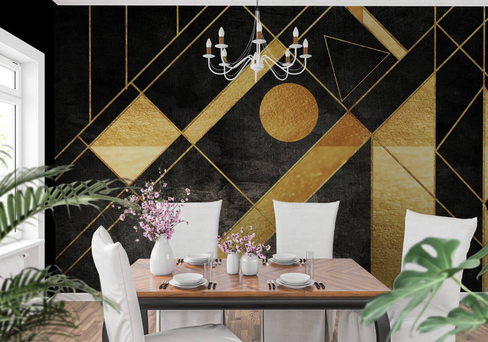 Fotobehang zwarte achtergrond met gouden lijnen