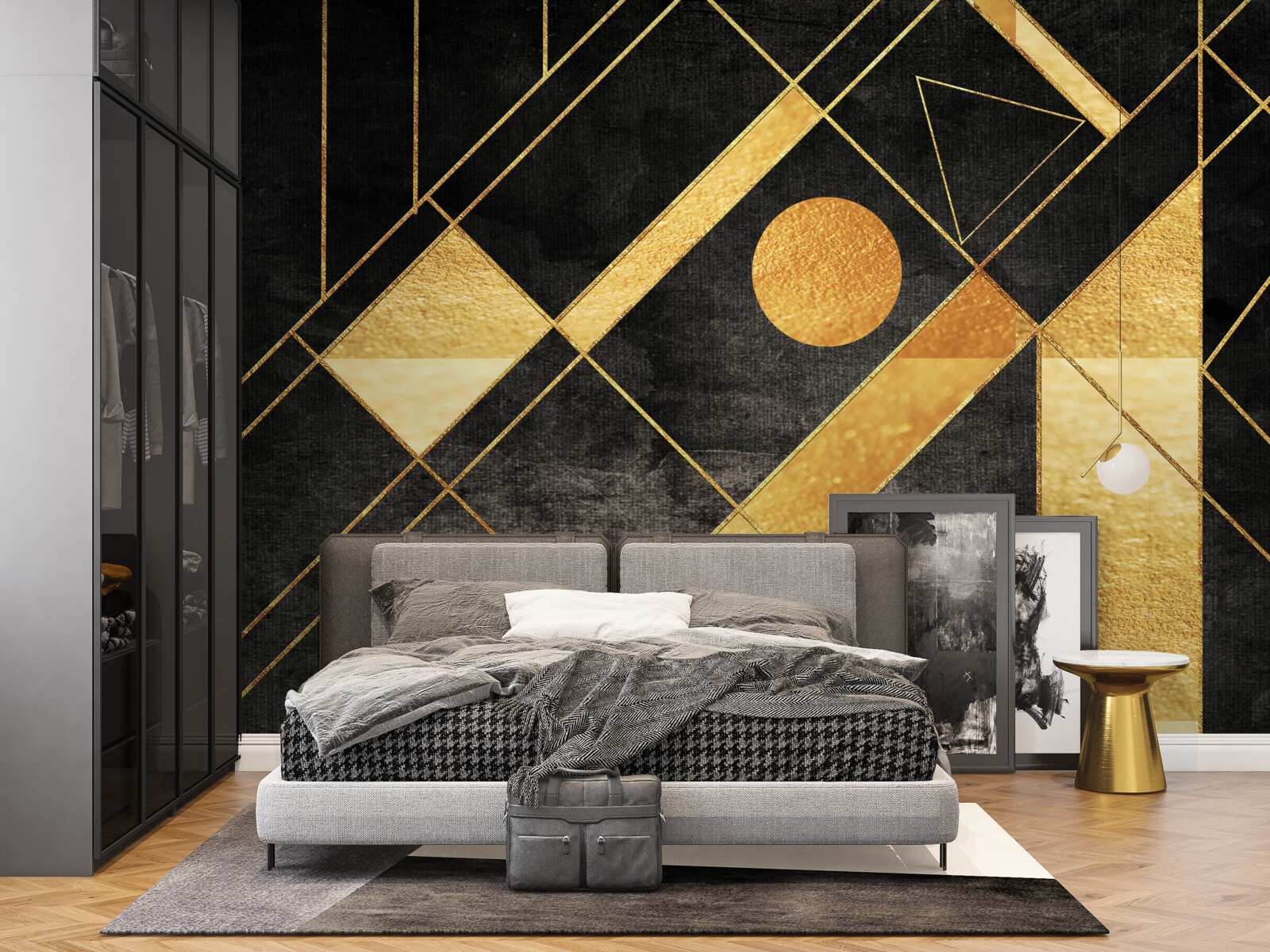 Fotobehang zwarte achtergrond met gouden lijnen