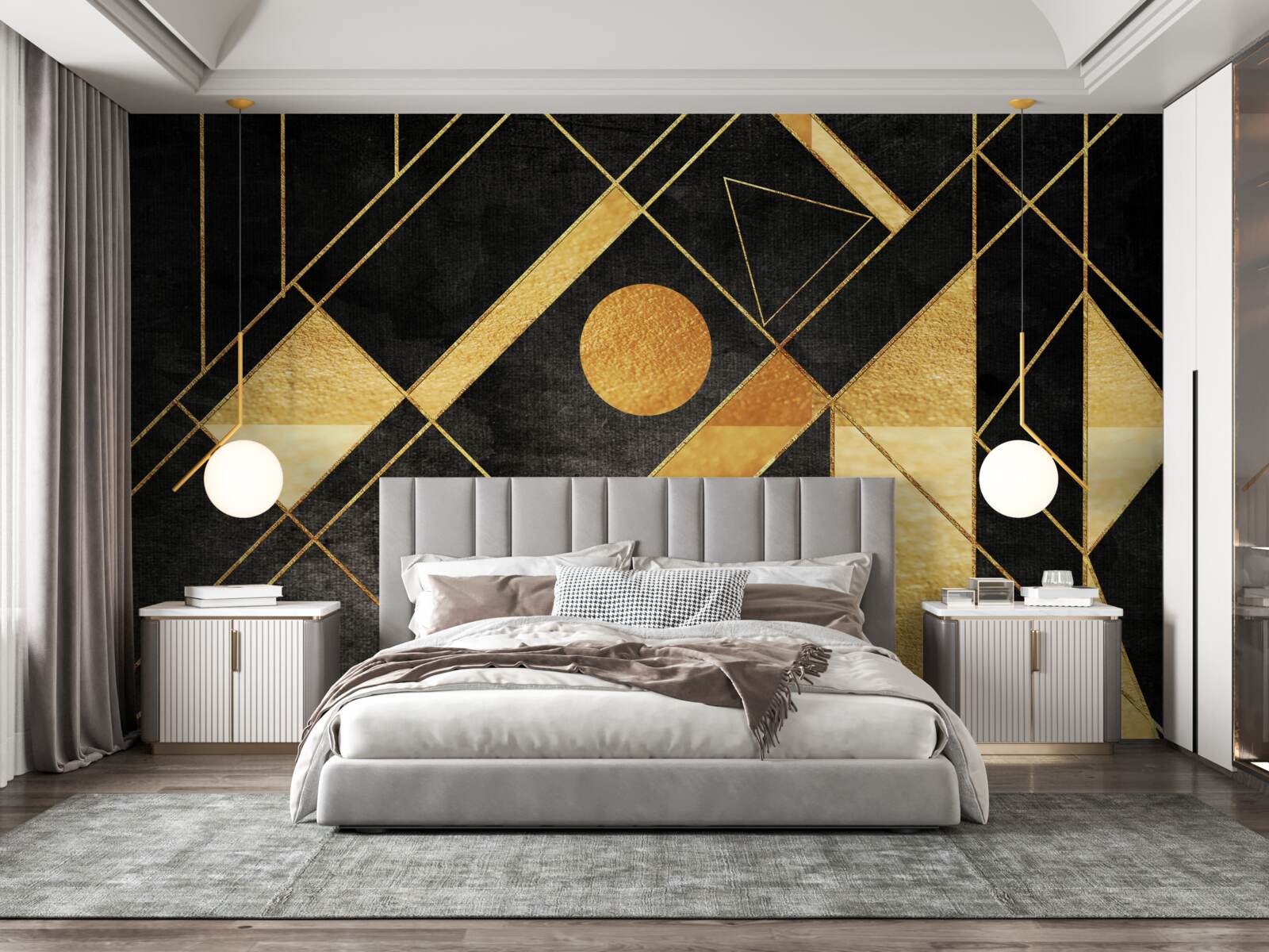 Fotobehang zwarte achtergrond met gouden lijnen