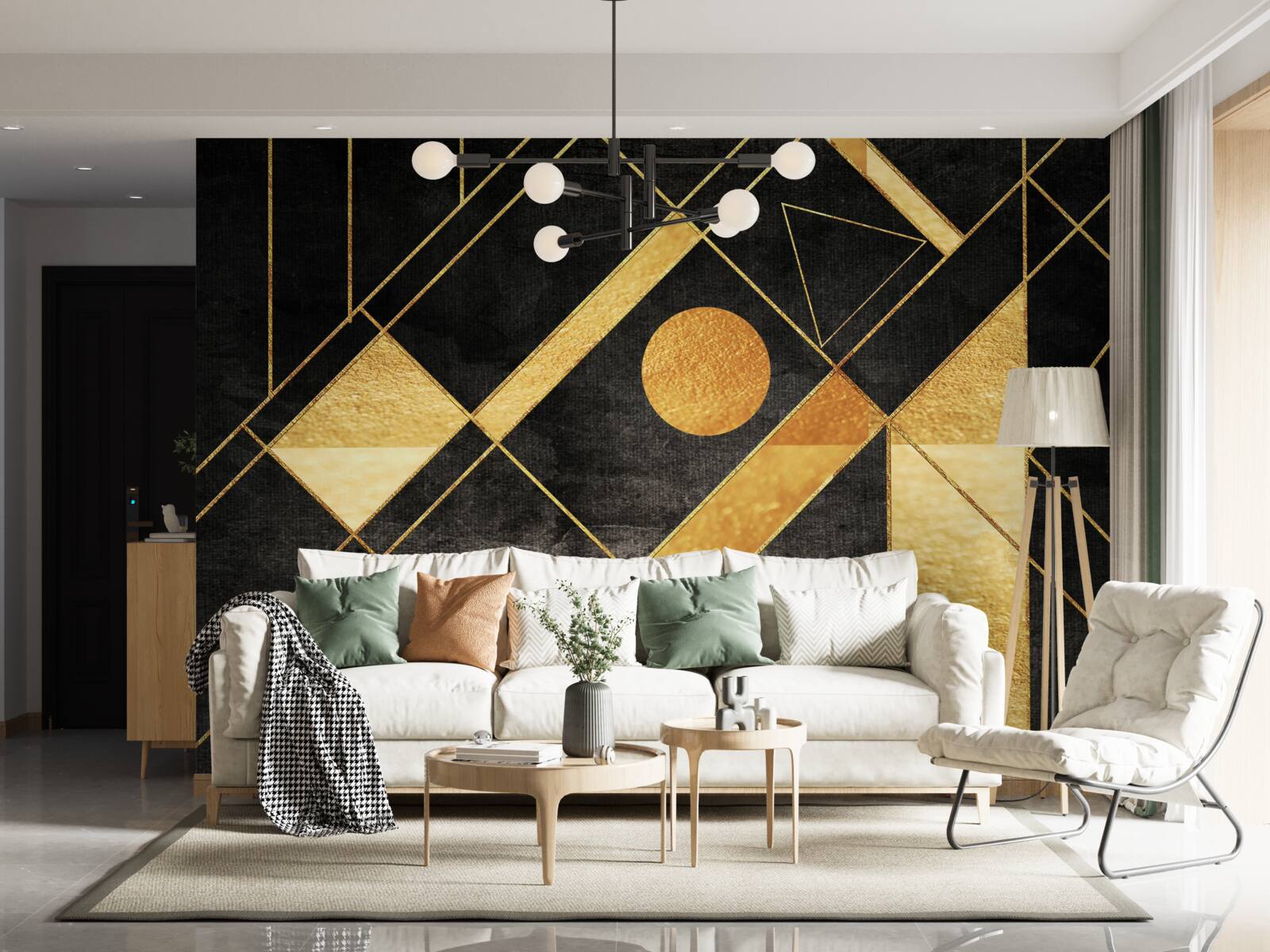 Fotobehang zwarte achtergrond met gouden lijnen