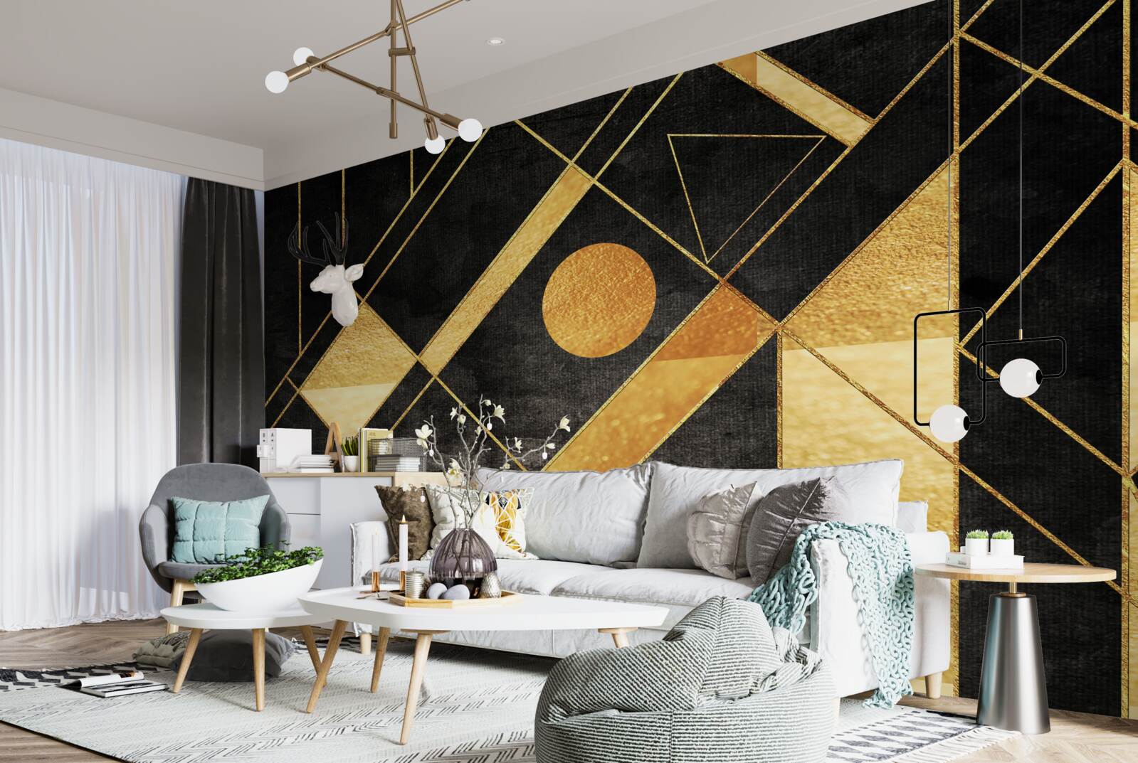 Fotobehang zwarte achtergrond met gouden lijnen