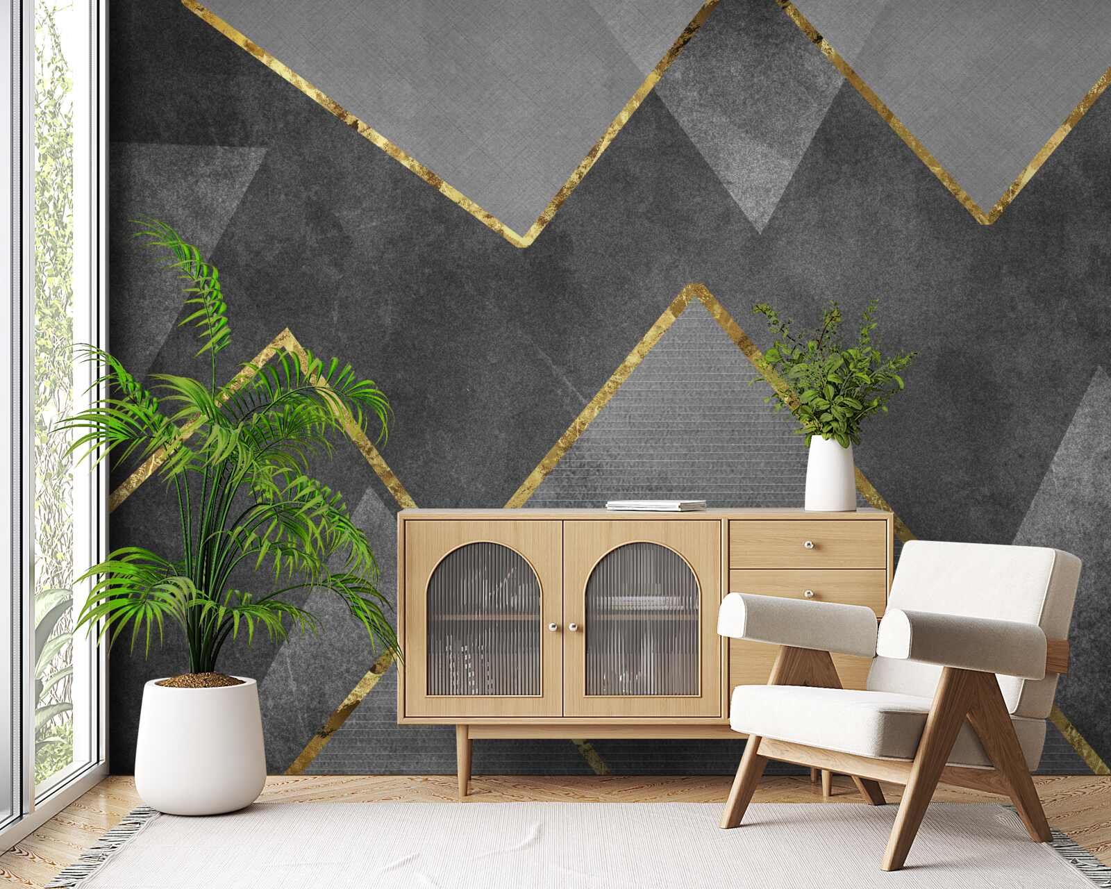 Fotobehang goud en zwart-witte zigzag