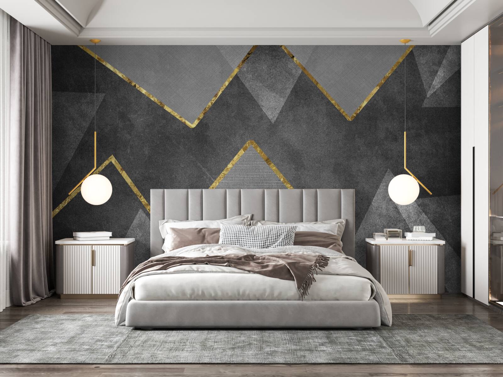 Fotobehang goud en zwart-witte zigzag