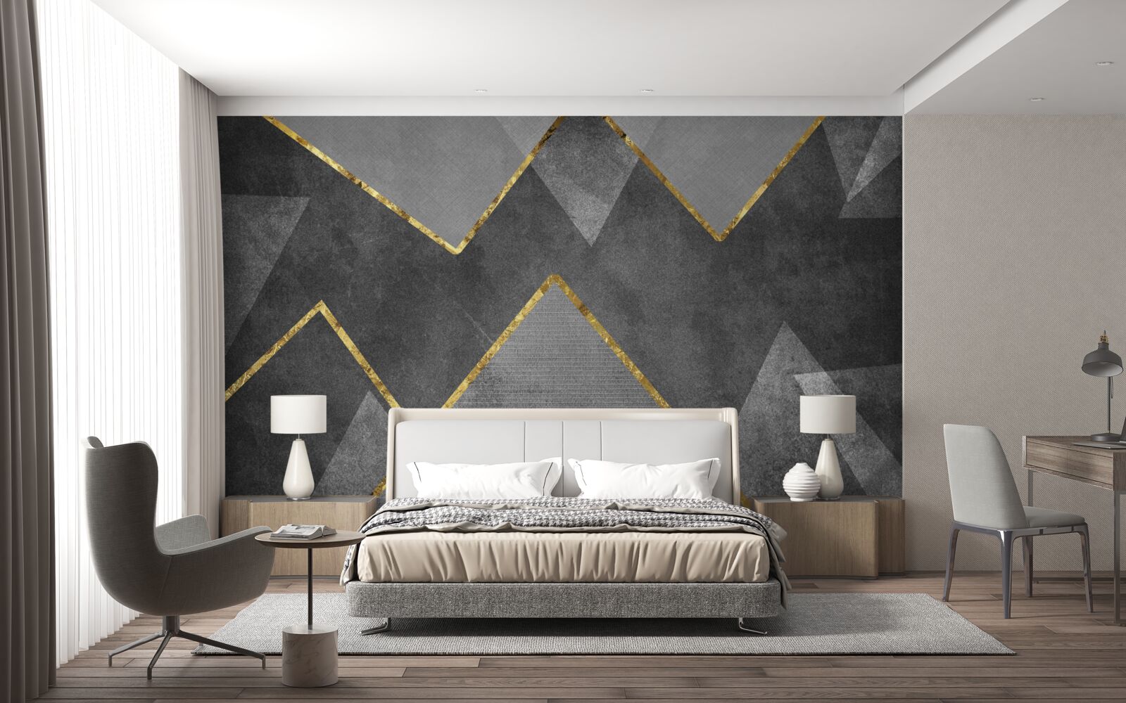 Fotobehang goud en zwart-witte zigzag