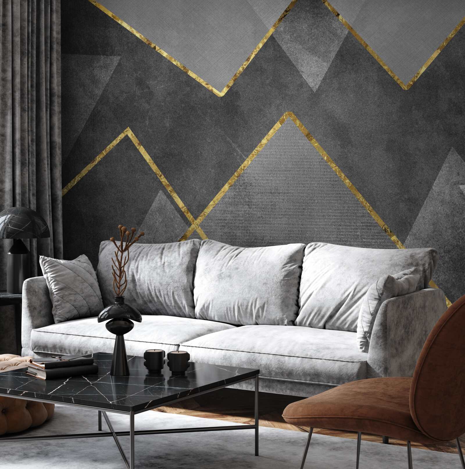 Fotobehang goud en zwart-witte zigzag