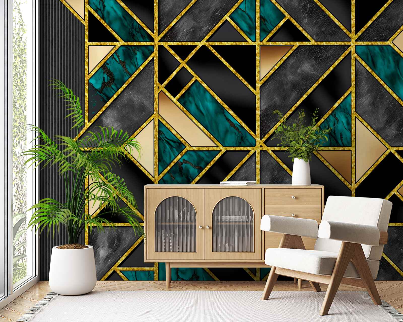 Fotobehang achtergrond in geometrische stijl in een grijs turquoise tint