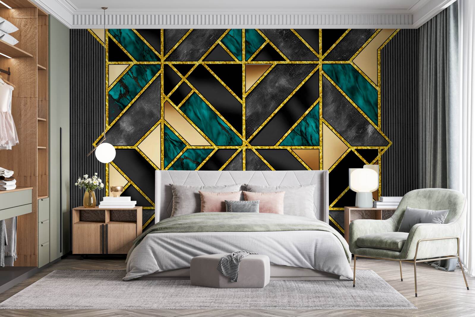 Fotobehang achtergrond in geometrische stijl in een grijs turquoise tint