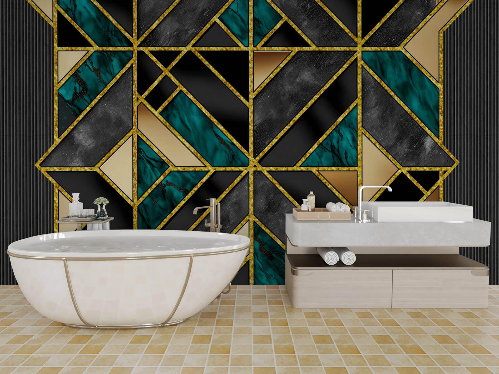 Fotobehang achtergrond in geometrische stijl in een grijs turquoise tint