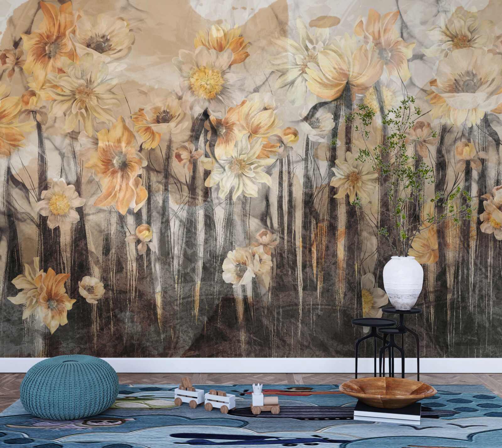 Fotobehang bloemen in vintage-stijl op een grijze achtergrond