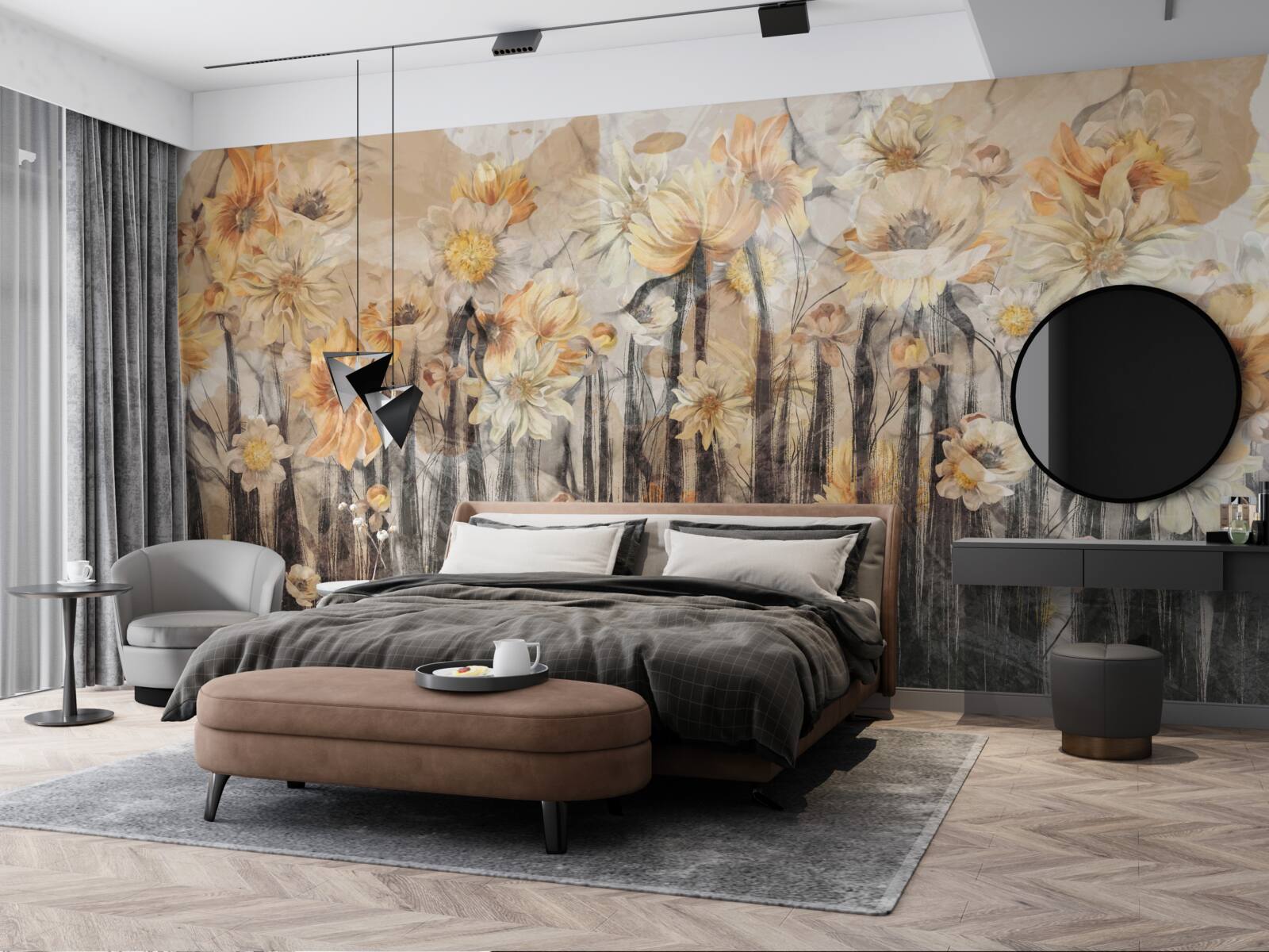 Fotobehang bloemen in vintage-stijl op een grijze achtergrond