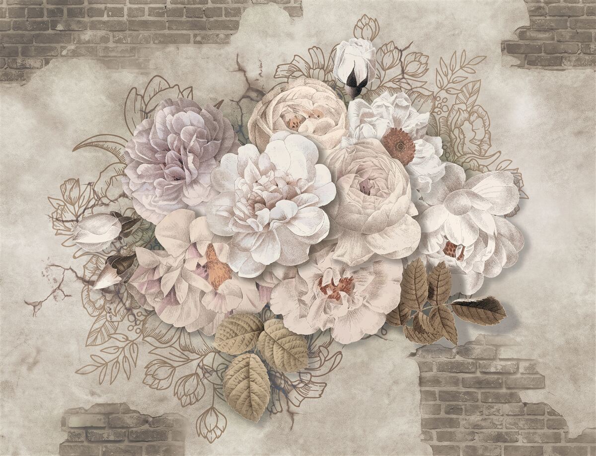 Fotobehang prachtige grote rozen op een bakstenen muur