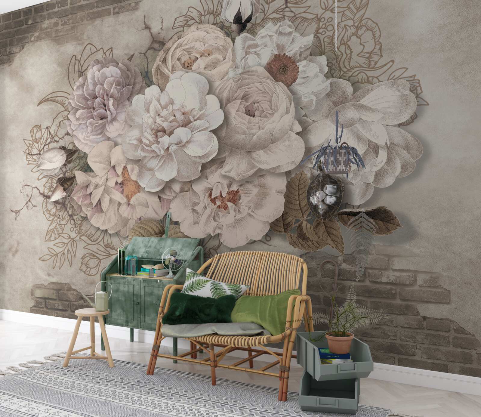 Fotobehang prachtige grote rozen op een bakstenen muur