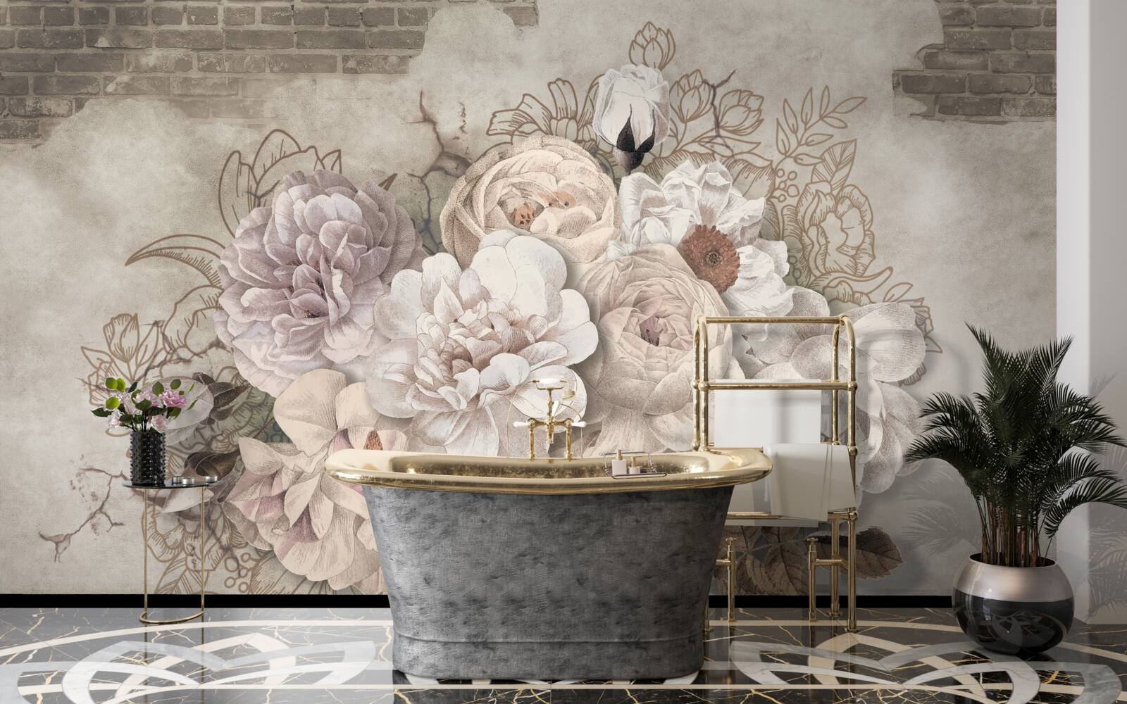 Fotobehang prachtige grote rozen op een bakstenen muur