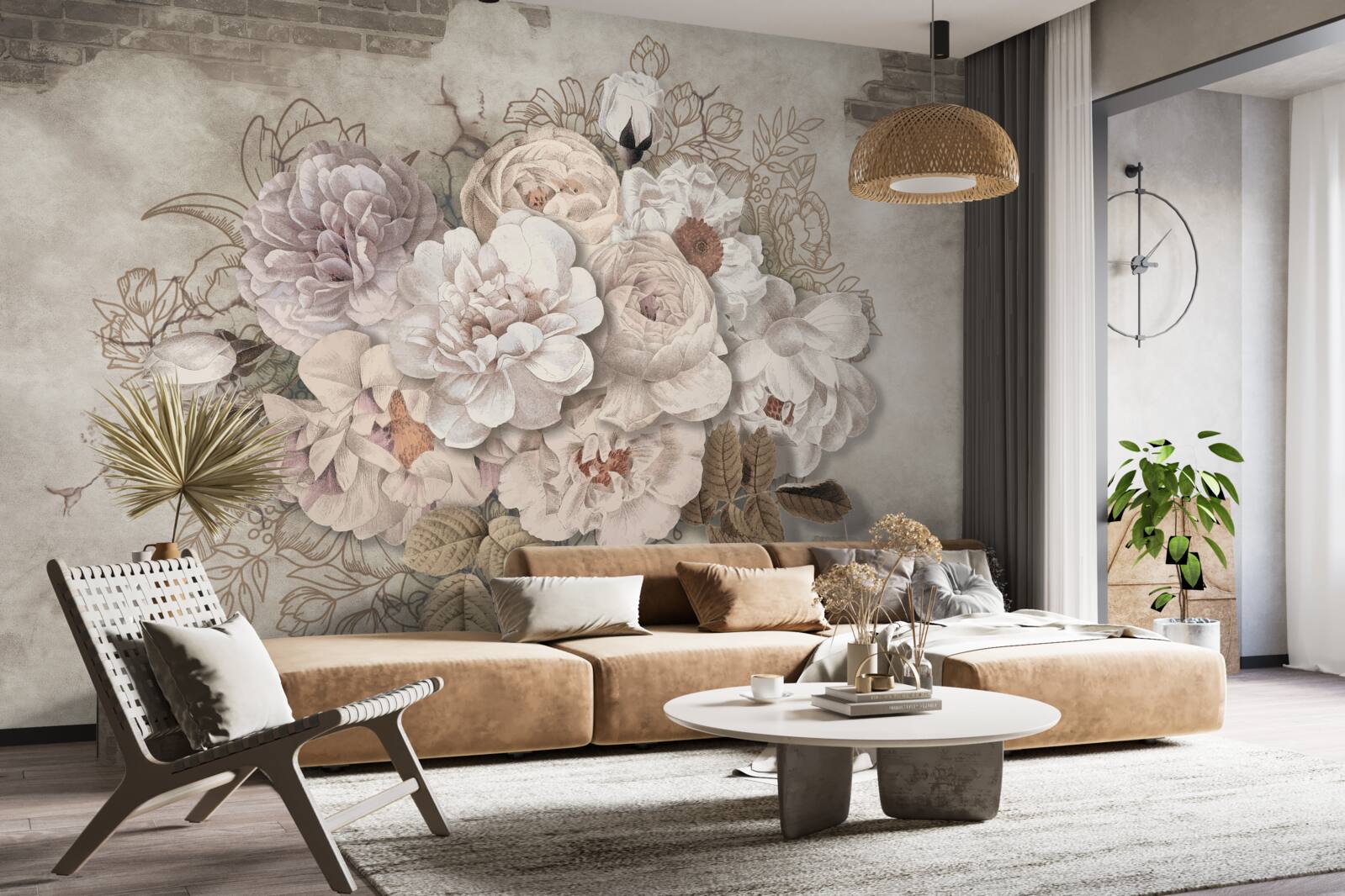 Fotobehang prachtige grote rozen op een bakstenen muur