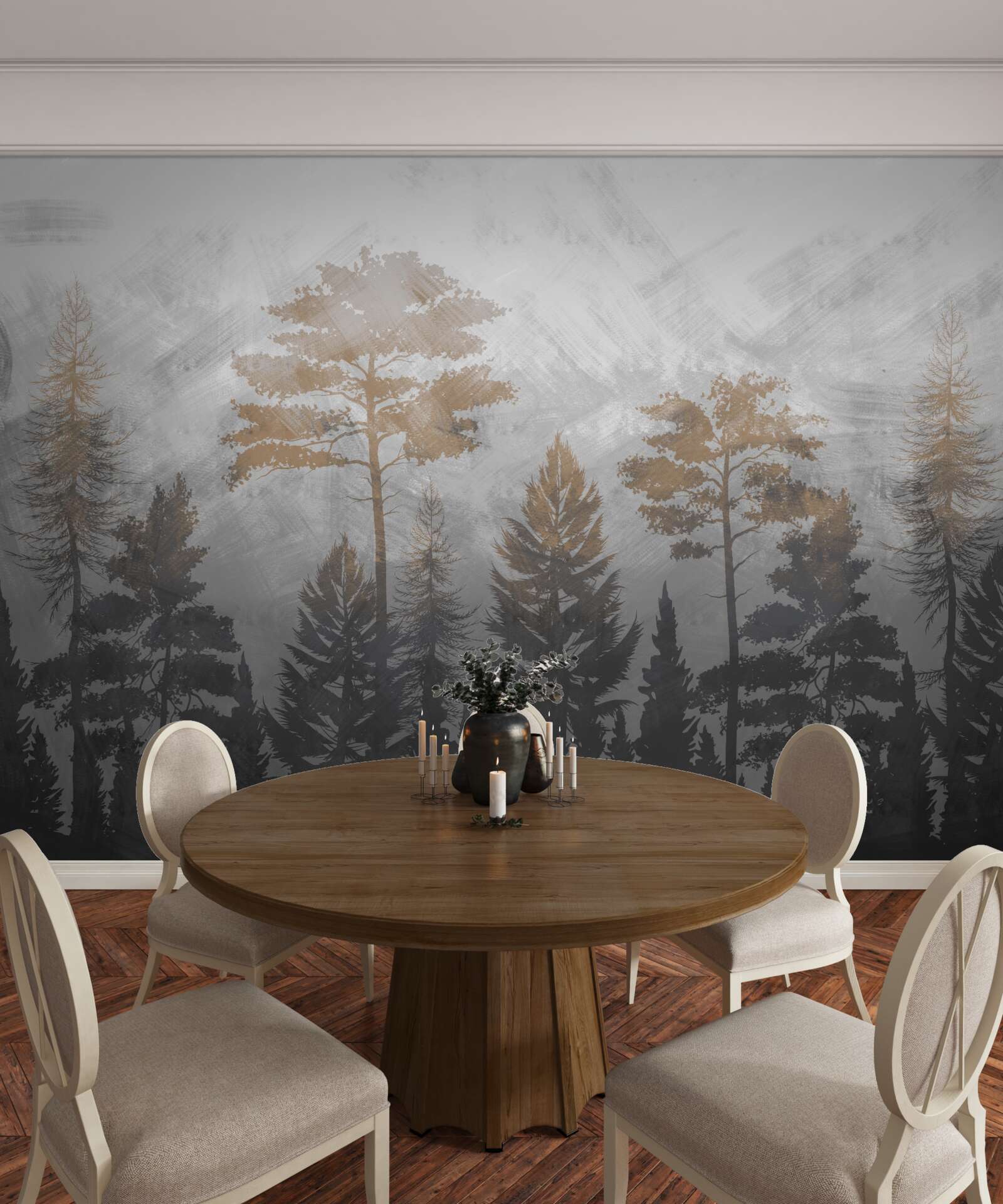 Fotobehang de zon schijnt door de mist van het bos