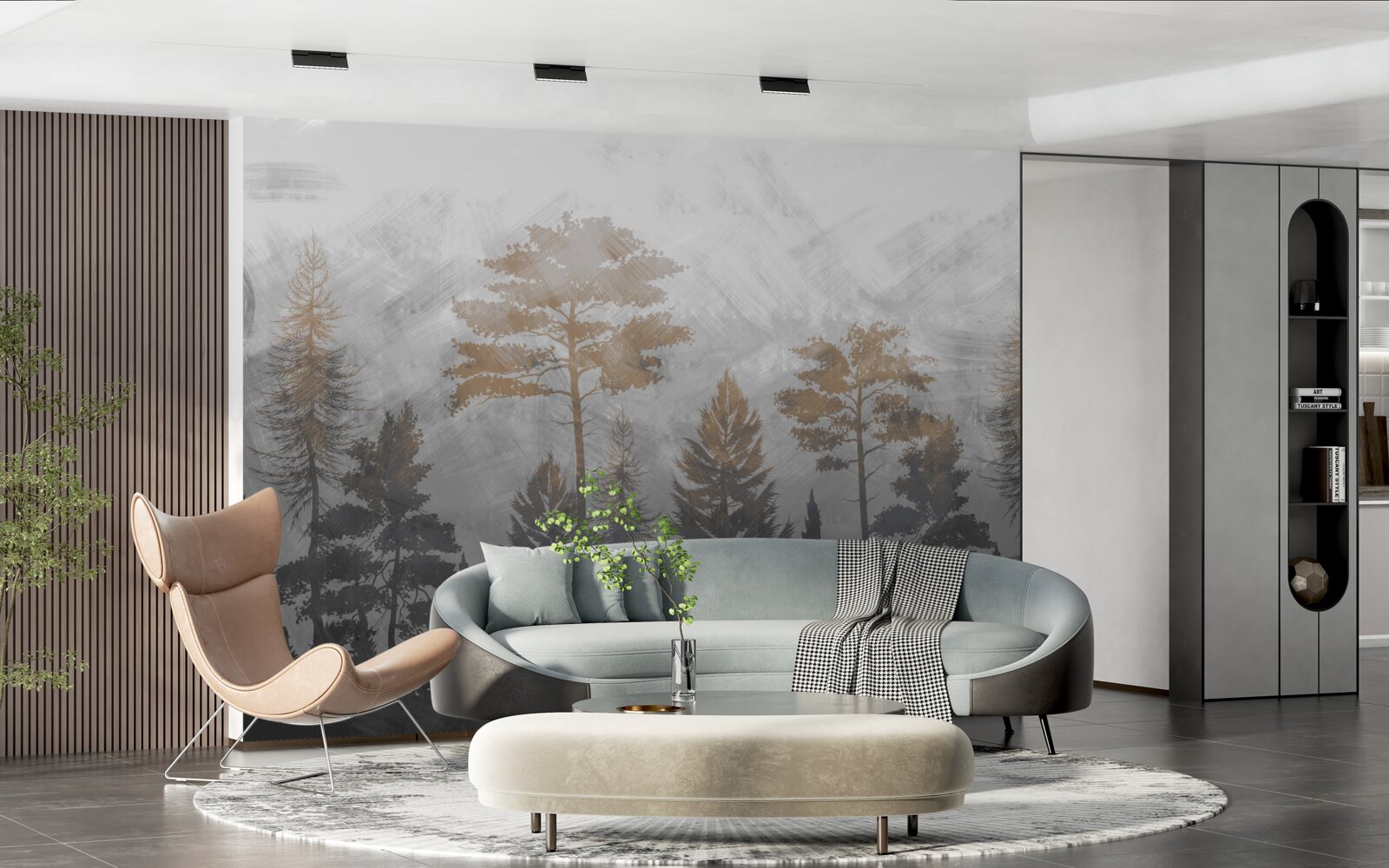 Fotobehang de zon schijnt door de mist van het bos