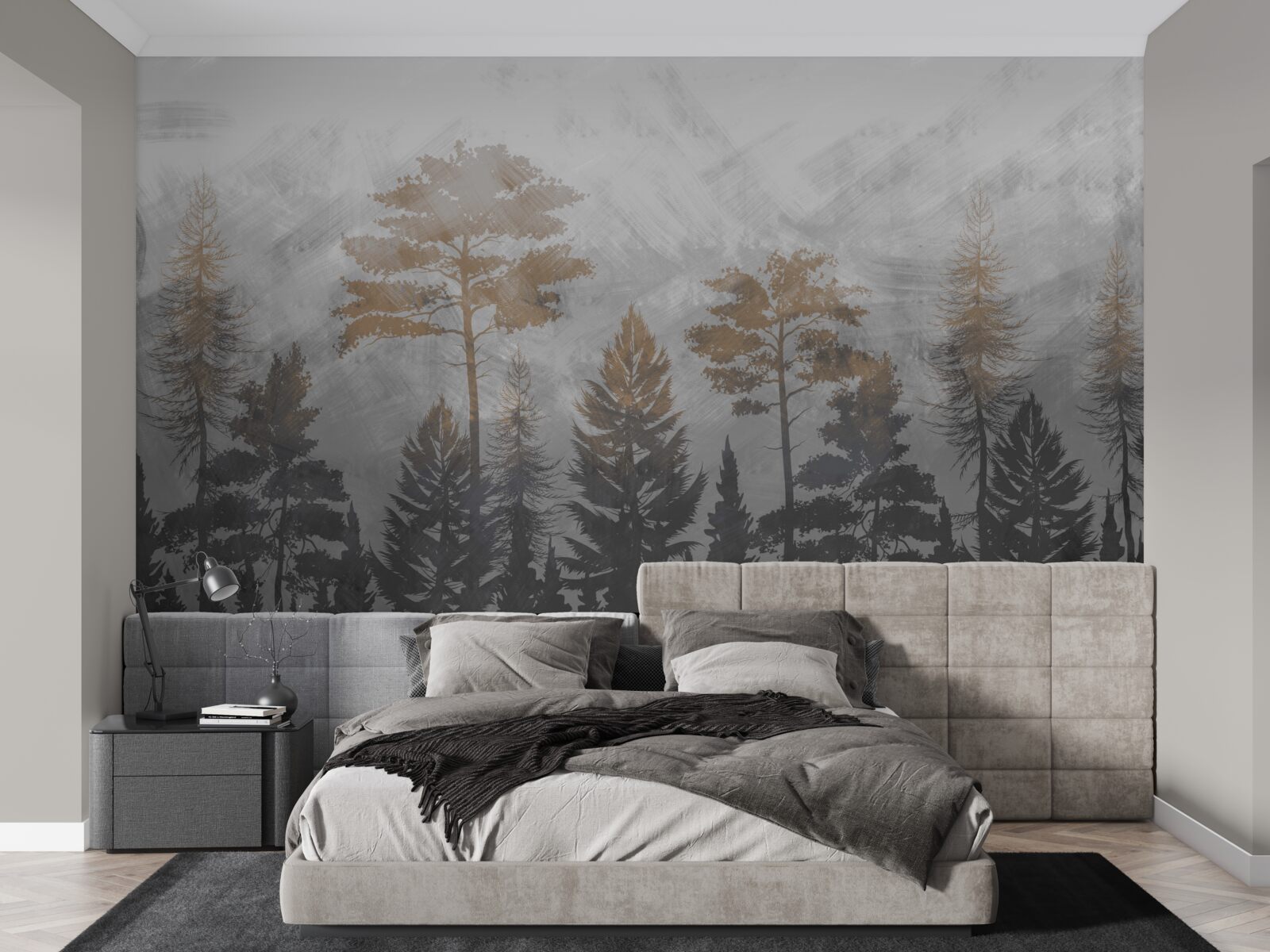 Fotobehang de zon schijnt door de mist van het bos