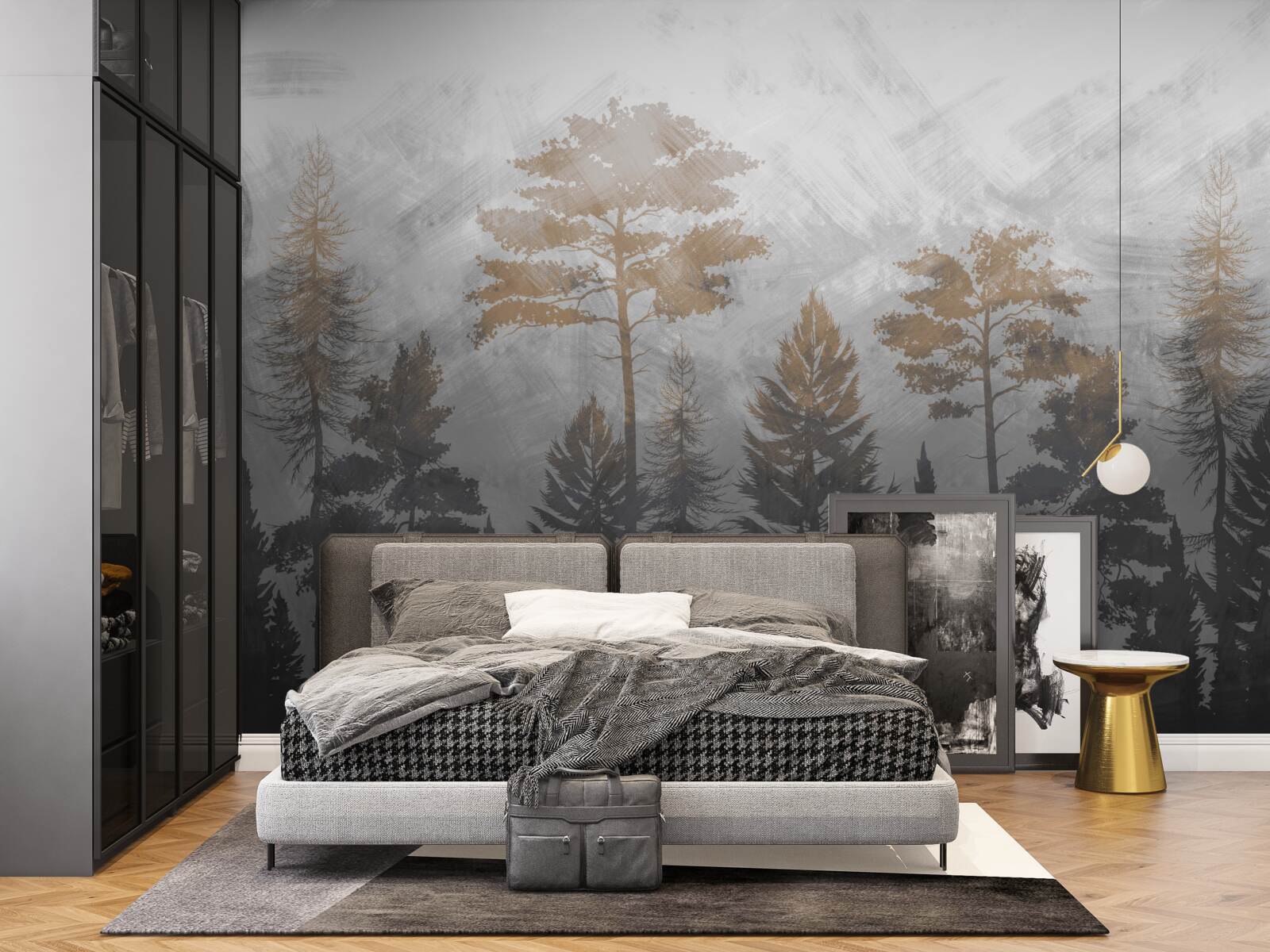 Fotobehang de zon schijnt door de mist van het bos